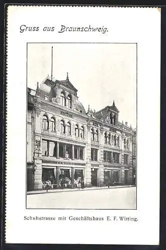 AK Braunschweig, Schuhstrasse mit Geschäftshaus E. F. Witting