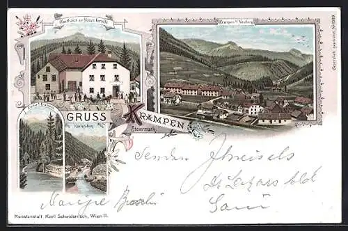 Lithographie Krampen bei Neuberg, Gasthaus zur blauen Forelle, Karlgraben, Ortsansicht aus der Vogelschau