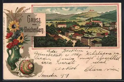 Lithographie Gleichenberg, Ortsansicht aus der Vogelschau, Blumen