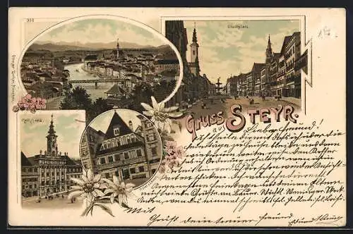 Lithographie Steyr, Hotel z. Löwen, Rathaus, Stadtplatz