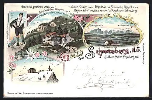 Lithographie Puchberg am Schneeberg, Fischerhütte und Kaiserstein, Bahnhofsgebäude d. Schneebergbahn, Damböckhaus