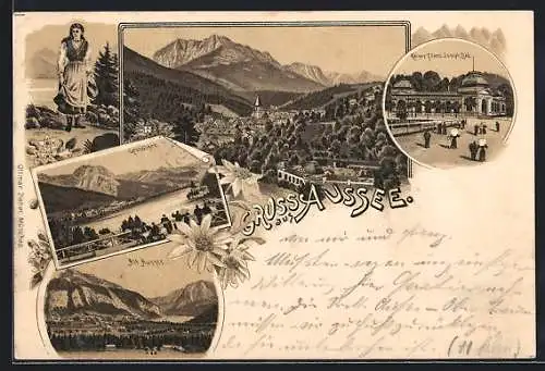 Lithographie Bad Aussee, Kaiser Franz Joseph-Bad, Grundlsee, Ortsansicht