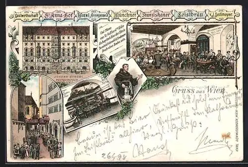 Lithographie Wien, Gastwirtschaft St. Anna-Hof, Annagasse 3, Johann Strobl, Fassade und Innenansicht