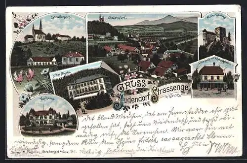 Lithographie Judendorf-Strassengel, Ruine Gösting, Villa petit mit Verkaufshalle, Hotel Styria, Kurhaus