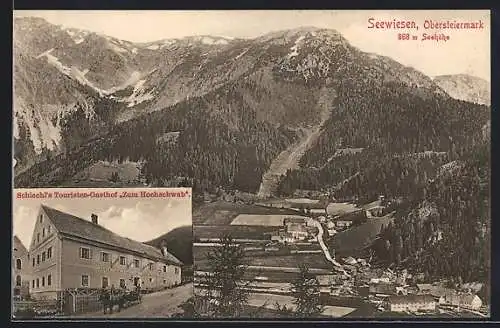 AK Seewiesen, Gasthof zum Hochschwab, Ortspanorama mit Gebirge