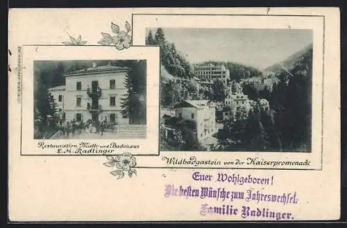 AK Badgastein, Restaurant, Mieth- und Badehaus L. M. Radlinger, Ortsansicht von der Kaiserpromenade