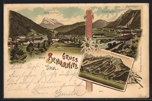 Lithographie Scharnitz, Gleiersspitze, Aarenspitze, Karwendelgebirge