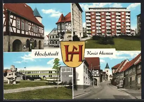 AK Hochstadt /Kreis Hanau, Strassenpartie mit Haltestelle, Hochhaus, Fachwerkhäuser