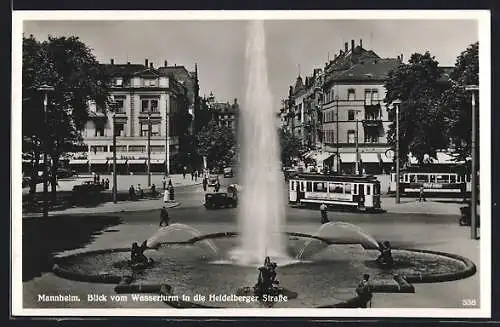 AK Mannheim, Blick vom Wasserturm in die Heidelberger Strasse, Strassenbahn