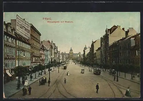 AK Prag, Wenzelsplatz mit Museum, Strassenbahn