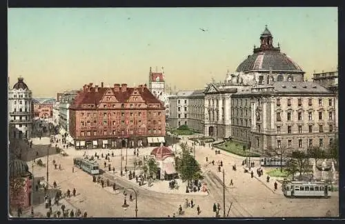 AK München, Strassenbahn auf dem Karlsplatz, Blick gegen Hauptbahnhof