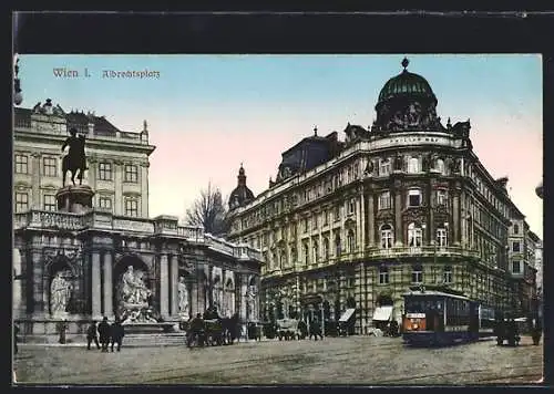 AK Wien I., Strassenbahn in Fahrt auf dem Albrechtsplatz