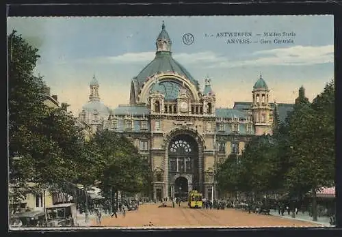 AK Anvers, Gare Centrale, Strassenbahn