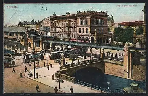 AK Berlin, Hallesches Tor, Strassenbahnen auf der Brücke