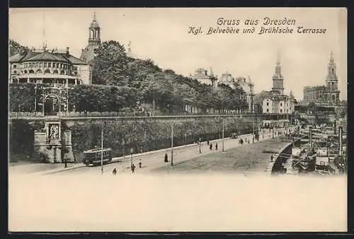 AK Dresden, Strassenbahn am Kgl. Belvedère und der Brühlsche Terrasse