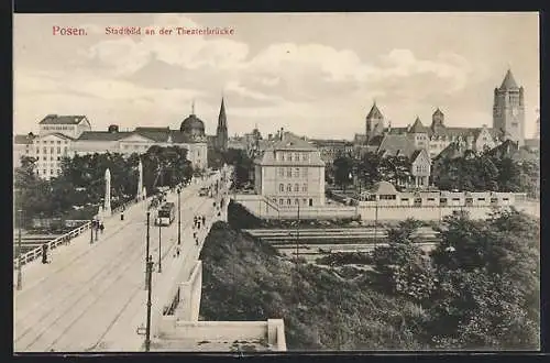 AK Posen, Strassenbahn auf der Theaterbrücke