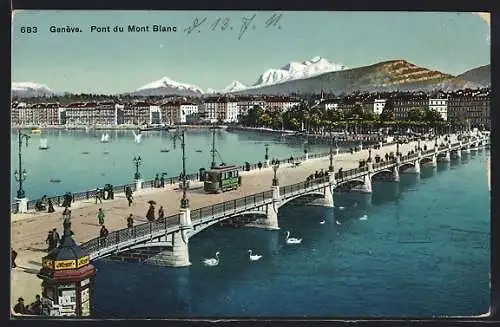AK Genève, Pont du mont Blanc, Strassenbahn