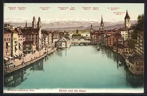 AK Zürich, Strassenbahn und Blick auf die Alpen