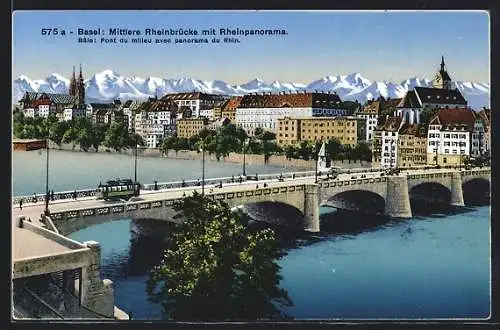 AK Basel, Strassenbahn auf der mittleren Rheinbrücke mit Rheinpanorama