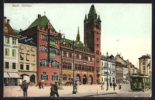 AK Basel, Strassenbahn vor dem Rathaus