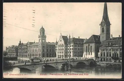 AK Zürich, Strassenbahn auf der Brücke am Fraumünster