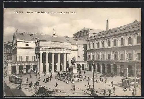 AK Genova, Teatro Carlo Felice e Monumento a Garibaldi, Strassenbahn