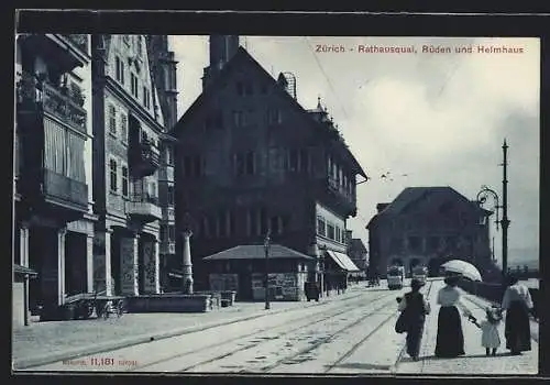 AK Zürich, Rathausquai, Rüden und Helmhaus, Strassenbahn