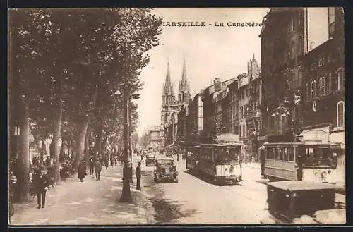 AK Marseille, La Canebière, Strassenbahn