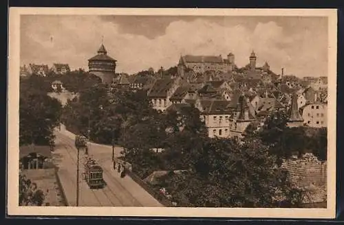 AK Nürnberg, Hallertorpanorama mit Strassenbahnen