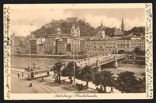 AK Salzburg, Strassenbahn an der Staatsbrücke