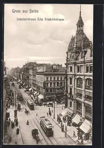 AK Berlin-Moabit, Leipzigerstrasse Ecke Friedrichstrasse mit Strassenbahnen