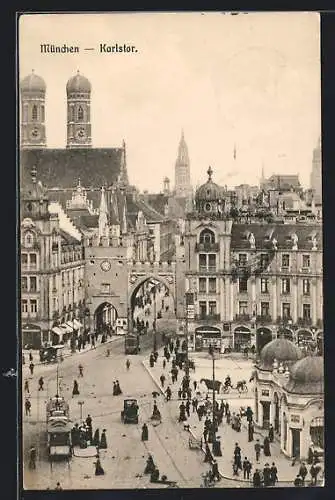 AK München, Strassenbahnen am Karlstor