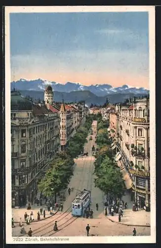 AK Zürich, Bahnhofstrasse mit Strassenbahn aus der Vogelschau