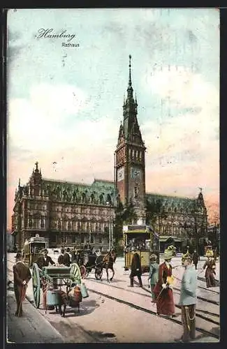AK Hamburg, Rathaus mit Strassenbahn und Anwohnern