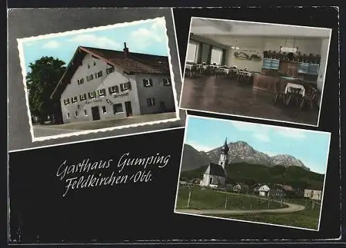 AK Feldkirchen /Obb., Das Gasthaus Gumping, mit Speisesaal, Inh. Fam. Langwaliner, Ortsansicht gegen die Berge