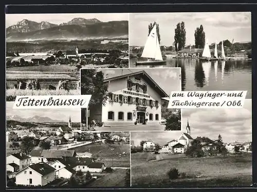 AK Tettenhausen /Obb., Seepartie mit Segelbooten, Ortsansicht mit der Kirche, Bergpanorama