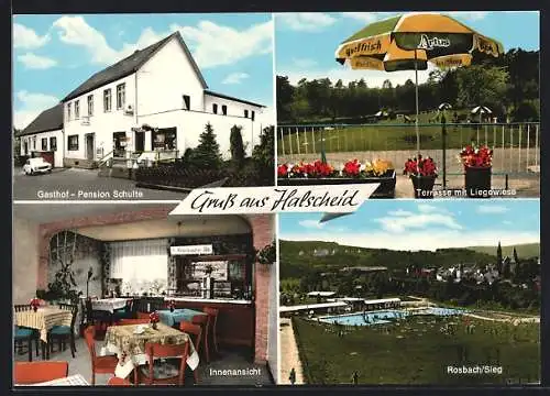 AK Halscheid /Windeck, Gasthof-Pension Schulte, mit Gaststube, Terrasse und Liegewiese, Freubad in Rosbach
