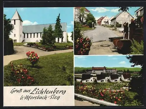 AK Lichtenberg b. Morsbach, Die Kirche, Strassenpartie mit Brunnen, Ortspartie