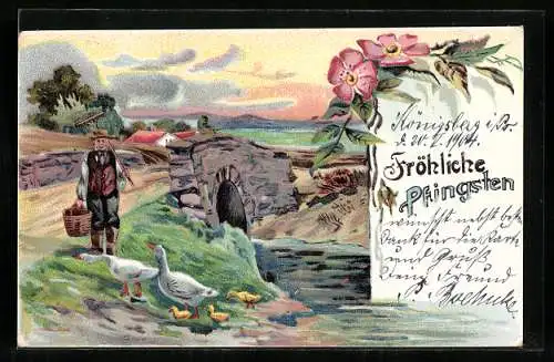 Lithographie Fröhliche PfingstenPfingsten, Bauer und Gänse am Wasser