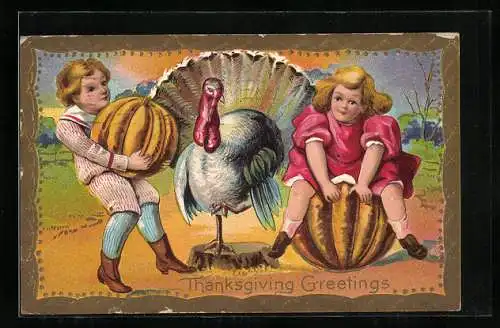 Präge-AK Truthahn und Kinder mit Kürbis an Thanksgiving