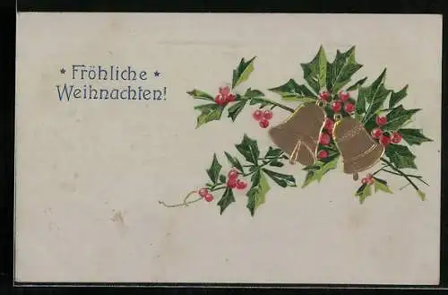 Präge-AK Weihnachtsglocken und Stachelpalmen