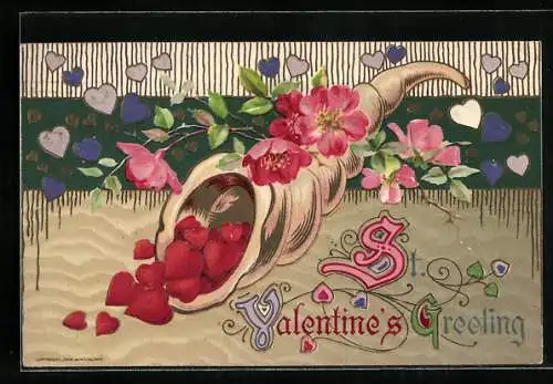 Präge-AK Horn mit Herzen und Blumen zum Valentinstag