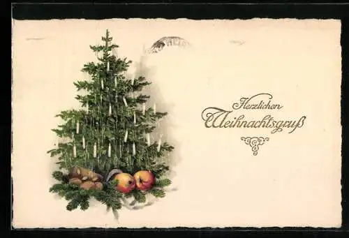 AK Lebkuchen und Äpfel vor einem Weihnachtsbaum