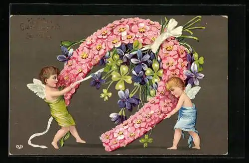 AK Kleine Engel halten grosses Hufeisen aus Blumen