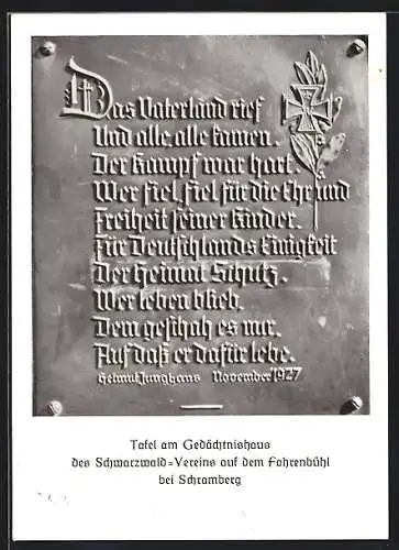 AK Schramberg, Tafel des Gedächtnishaus des Schwarzwald-Vereins auf dem Fahrenbühl