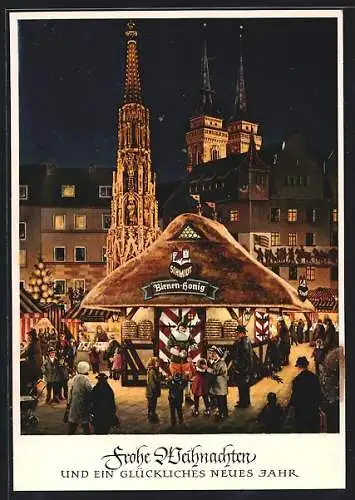 Künstler-AK Nürnberg, Christkindlmarkt mit Honigstand Fa. Lebkuchen Schmidt u. Türmen der Sebalduskirche bei Dämmerung