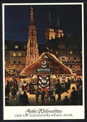 Künstler-AK Nürnberg, Christkindlmarkt mit Honigstand Fa. Lebkuchen Schmidt u. Türmen der Sebalduskirche bei Dämmerung