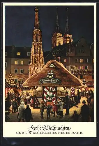 Künstler-AK Nürnberg, Christkindlmarkt mit Honigstand Fa. Lebkuchen Schmidt u. Türmen der Sebalduskirche bei Dämmerung