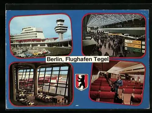 AK Berlin-Tegel, Ansichten vom Flughafen und Stewardess im Flugzeug