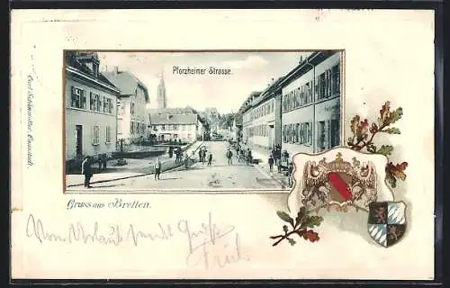 Passepartout-Lithographie Bretten, Pforzheimer Strasse mit Anwohnern, Wappen